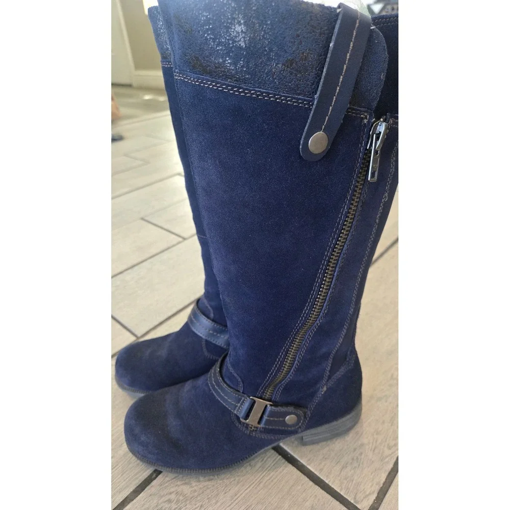 Earth Origins Portia Navy Blue Suede Tall Boots Womens 8M Buckle Zip Knee High